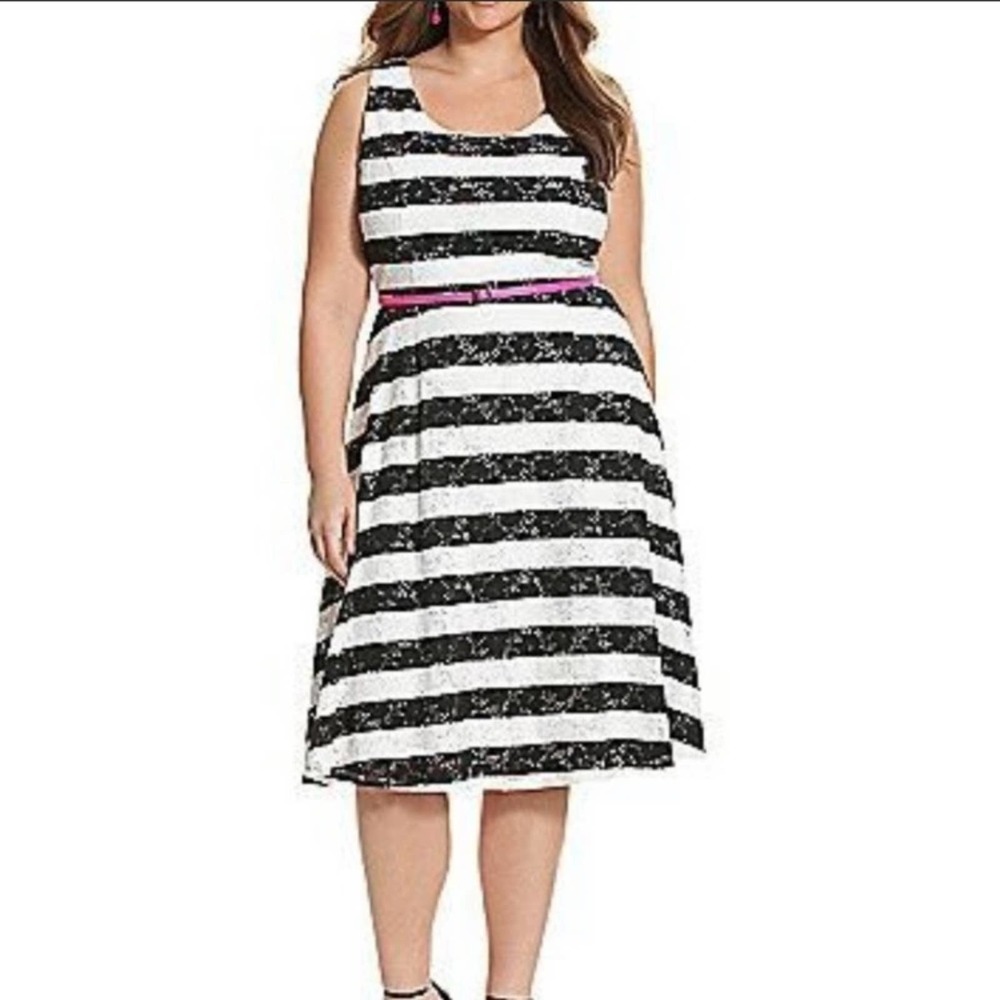 Lane Bryant Lace Dress Black & White stripe with Pink Belt Size 14